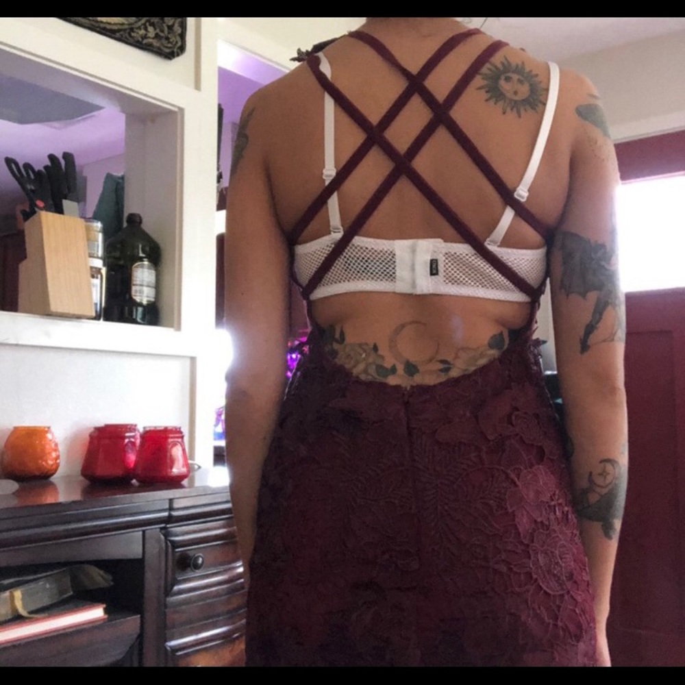 Burgundy lace party dress.